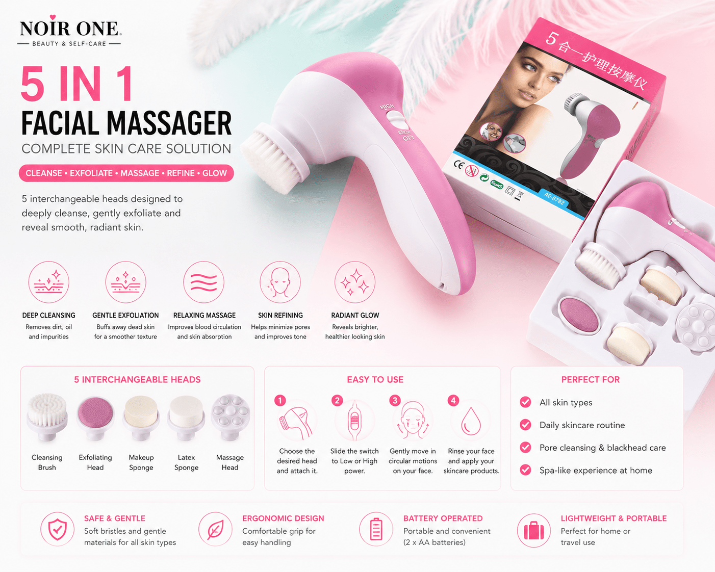 5-in-1 Facial Cleansing Brush for Deep Cleansing | Light Blue5-in-1 Facial Cleansing Brush for Deep Cleansing | Eye Massager