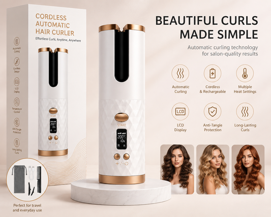 Cordless Automatic Hair Curler with LCD Display | Effortless Salon Curls | Noir One