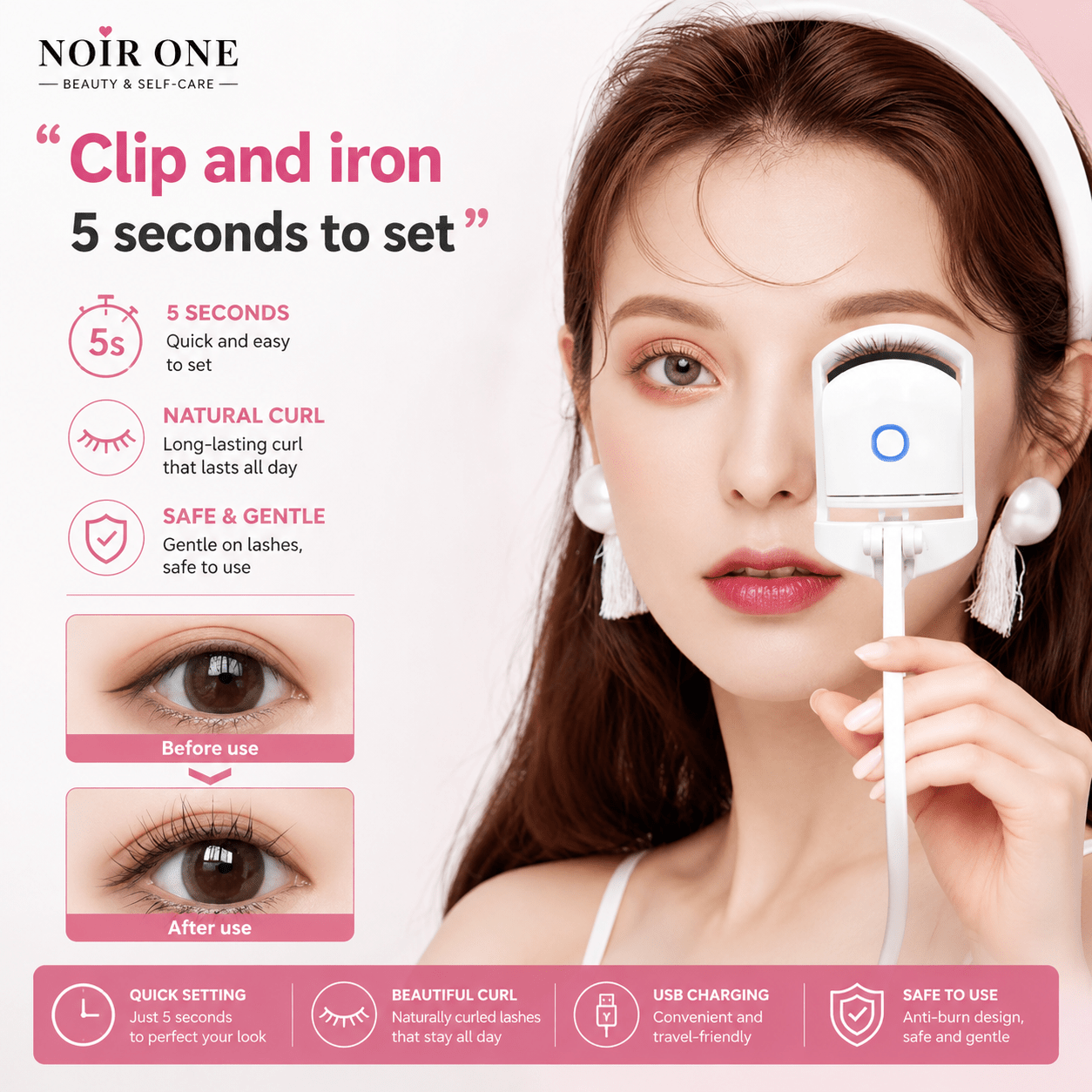 Heated Eyelash Curler for Long - Lasting Curl | PinkHeated Eyelash Curler for Long - Lasting Curl | Noir OneEyelash Curler