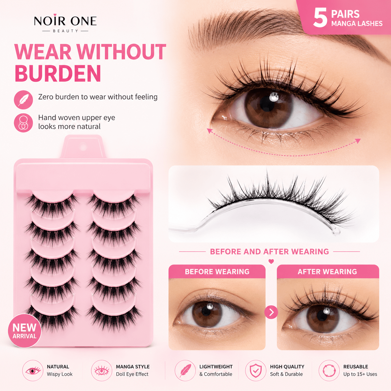Manga False Eyelashes for Natural Cat Eye Look | 5pairs of007Manga False Eyelashes for Natural Cat Eye Look | Manga Lashes
